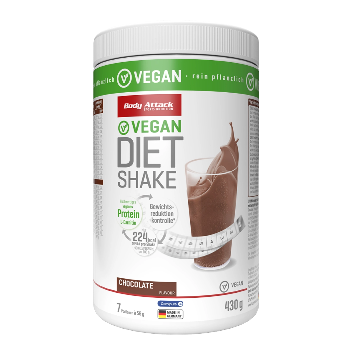 Eine Dose Body Attack Vegan Diet Shake Chocolate 430g