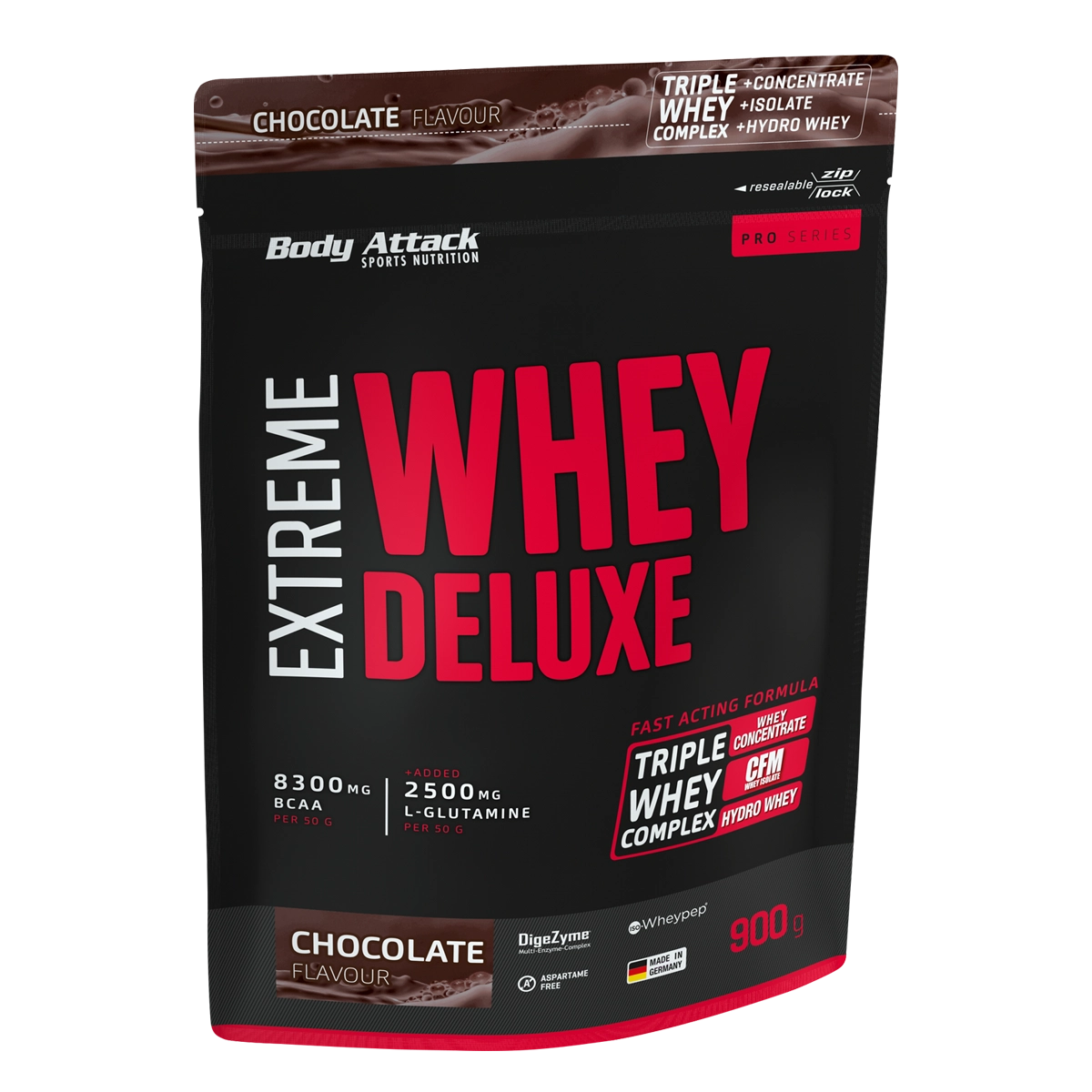Eine Packung Extreme Whey Deluxe Protein Chocolate 900g