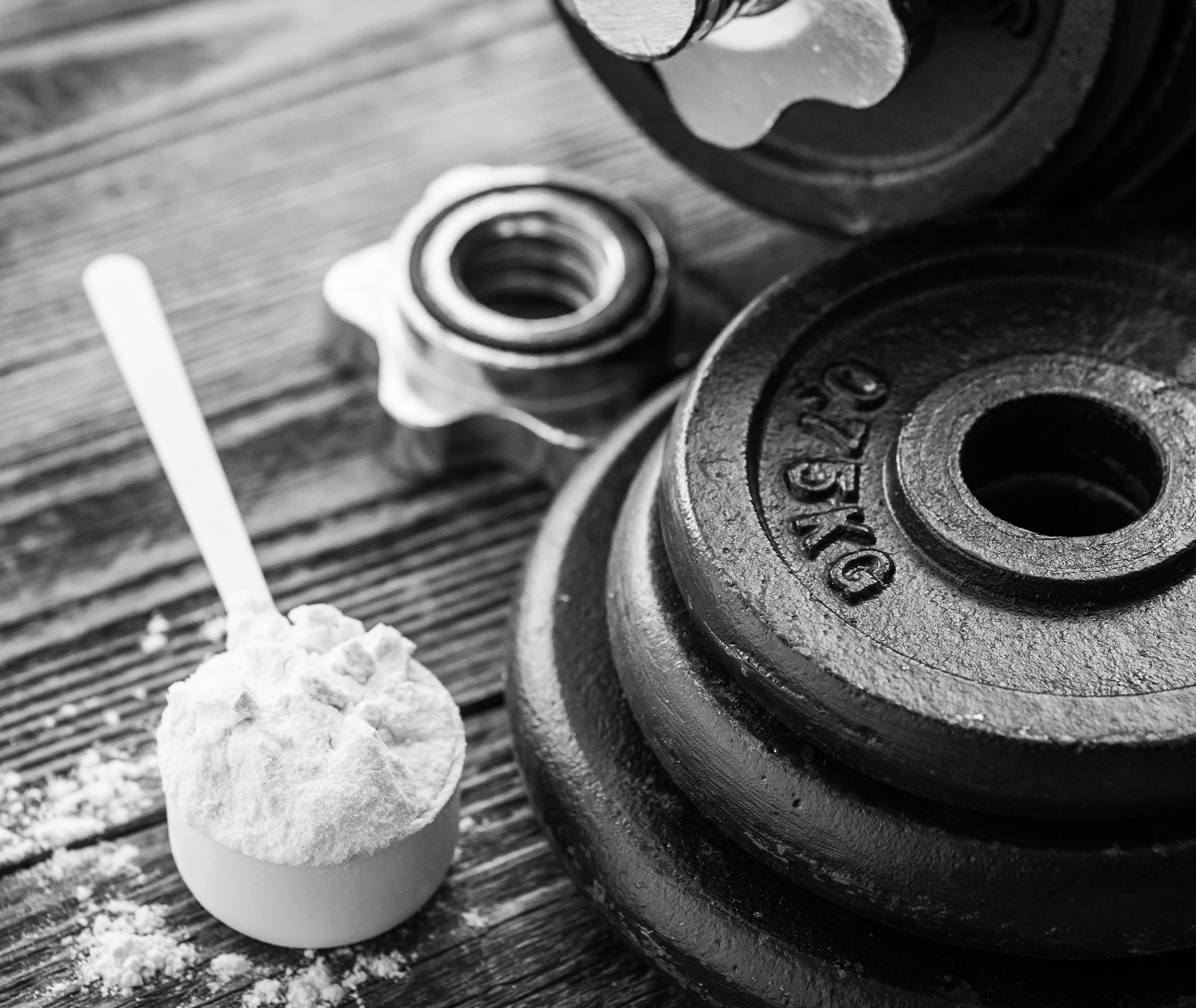 Scoop mit Proteinpulver neben drei Hantelscheiben