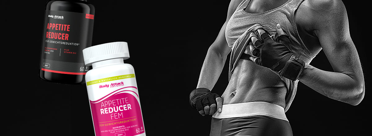 Frau mit Sixpack und Appetite Reducer Packungen