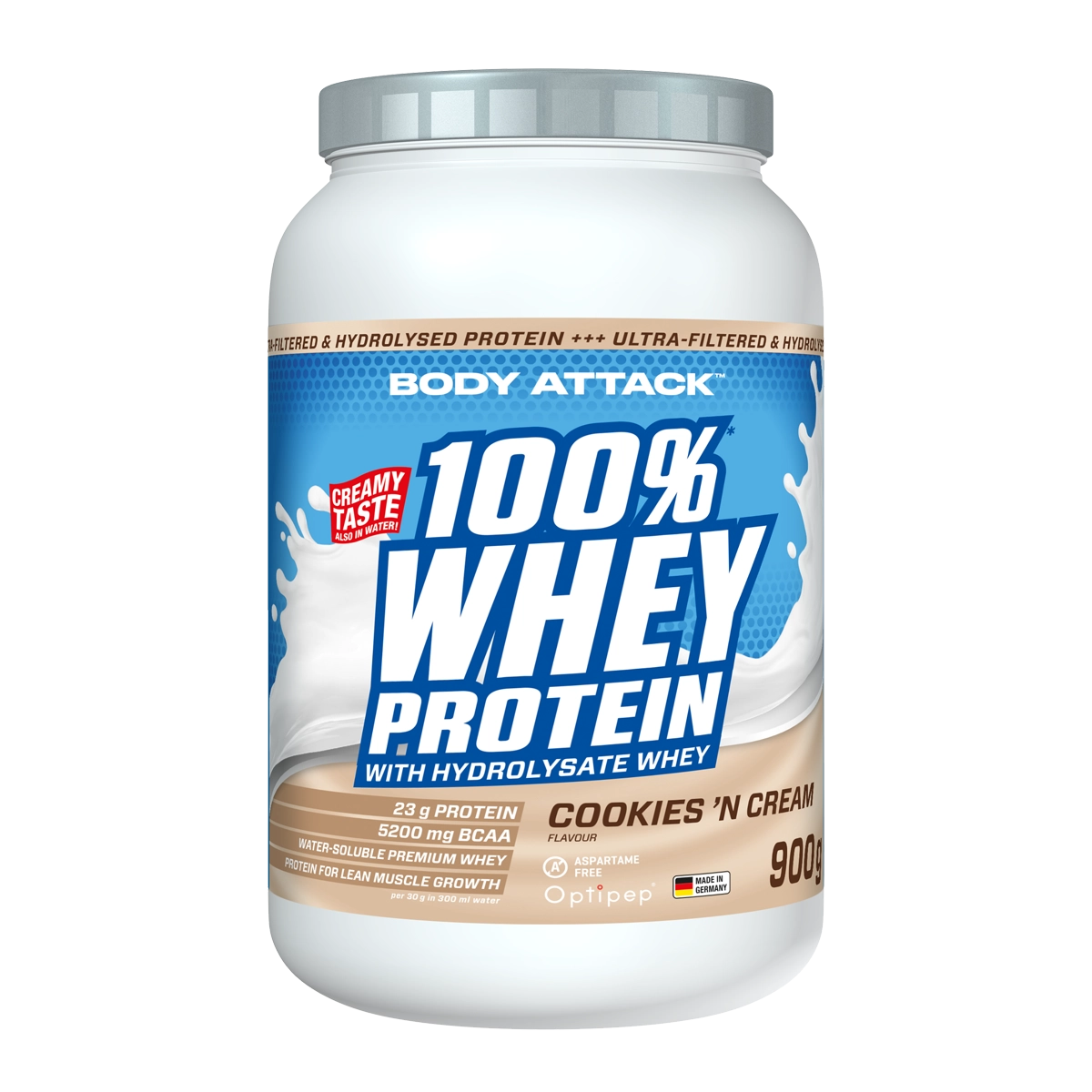 Eine Dose 100% Whey Protein Cookies'n Cream 900g