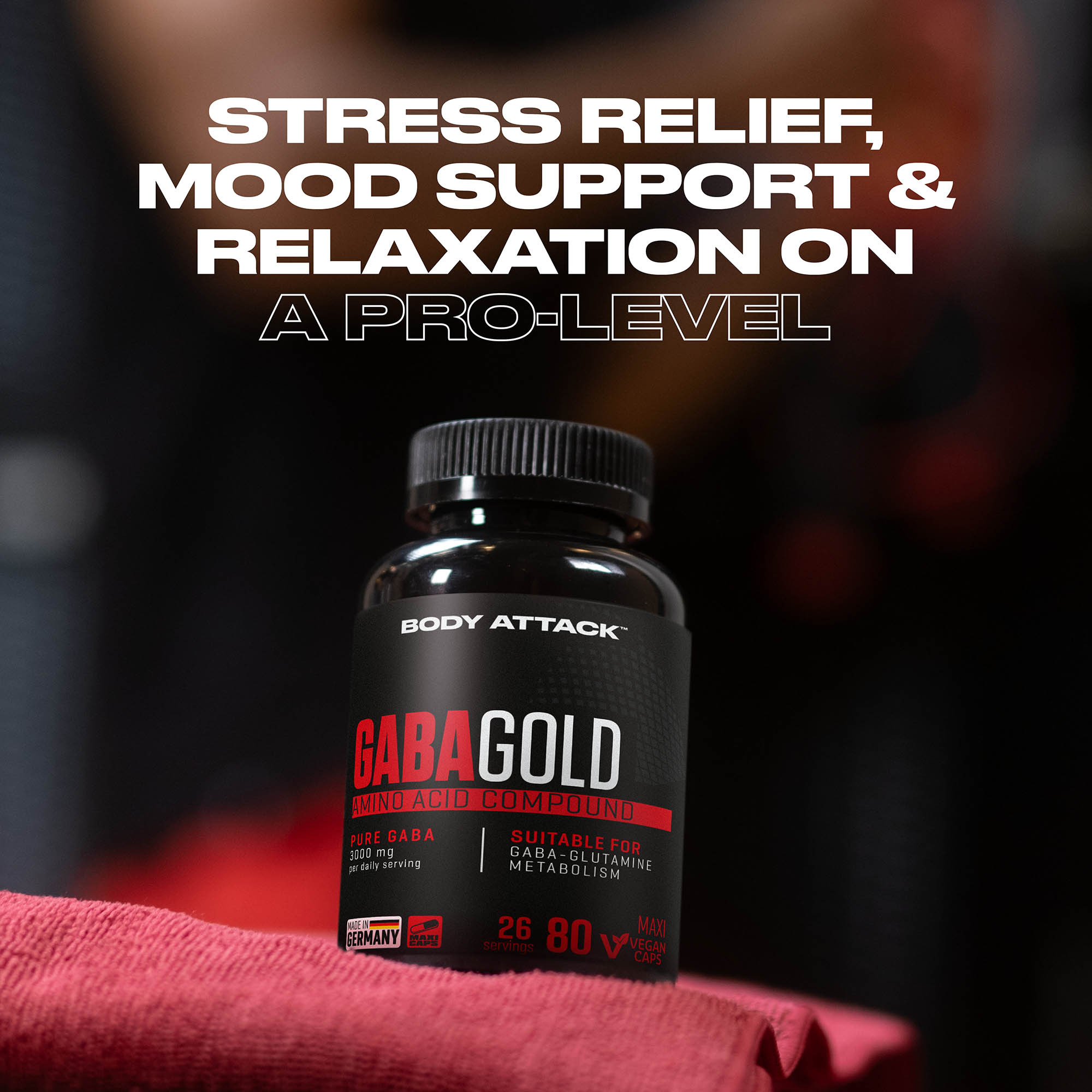 Gaba Gold Dose auf einem roten Handtuch plaziert