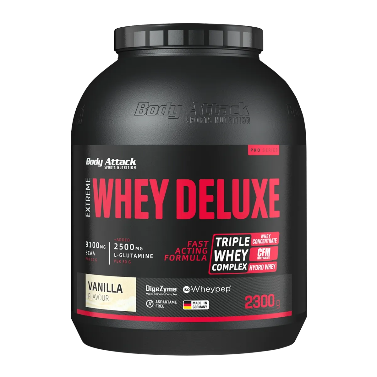 Eine Dose Whey Deluxe Vanilla 2,3 KG