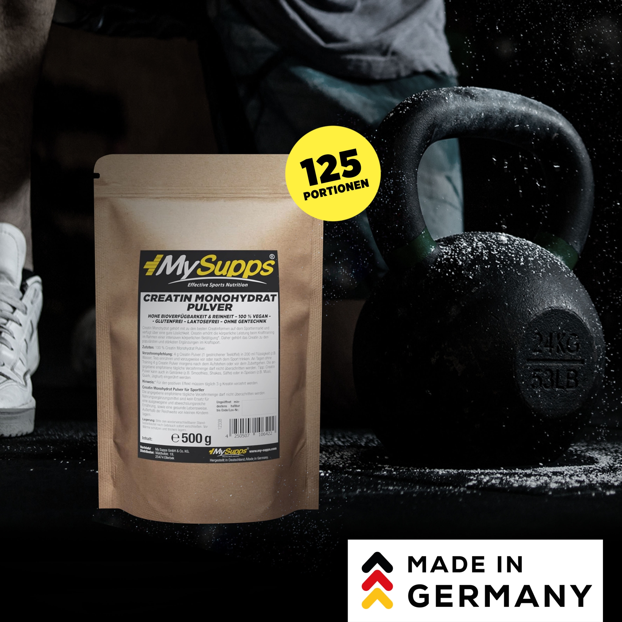 MySupps Creatine Monohydrat Verpackung vor einer Hantel