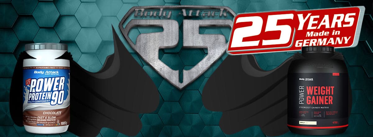 Werbebanner 25 Years Made in Germany Power Protein 90 & Weight Gainer