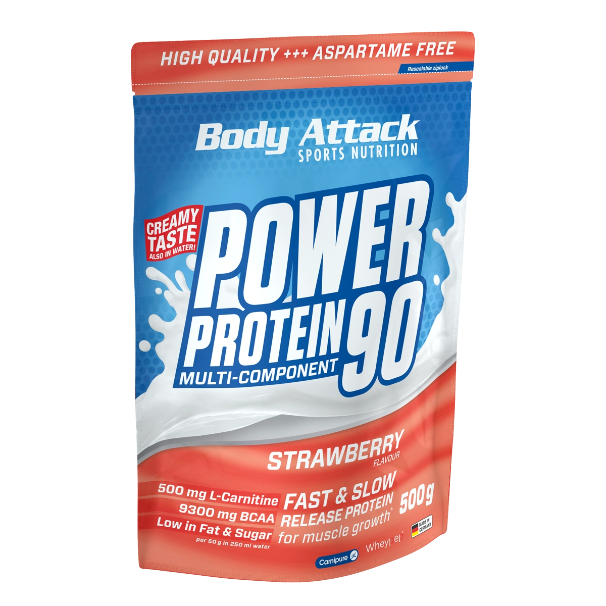 Eine Packung Power Protein 90 Strawberry 500g