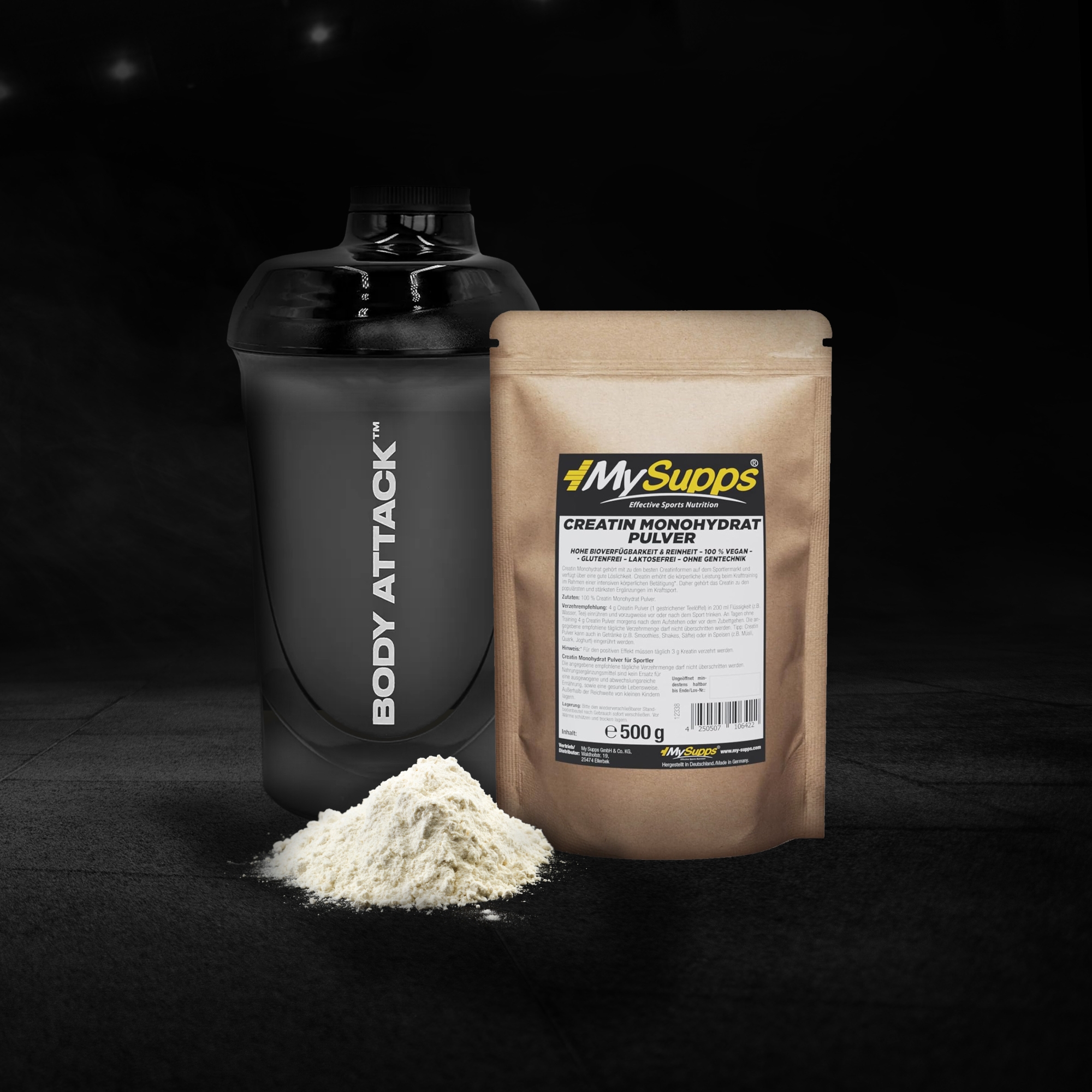 Body Attack Shaker neben einer MySupps Creatine Monohydrat Verpackung